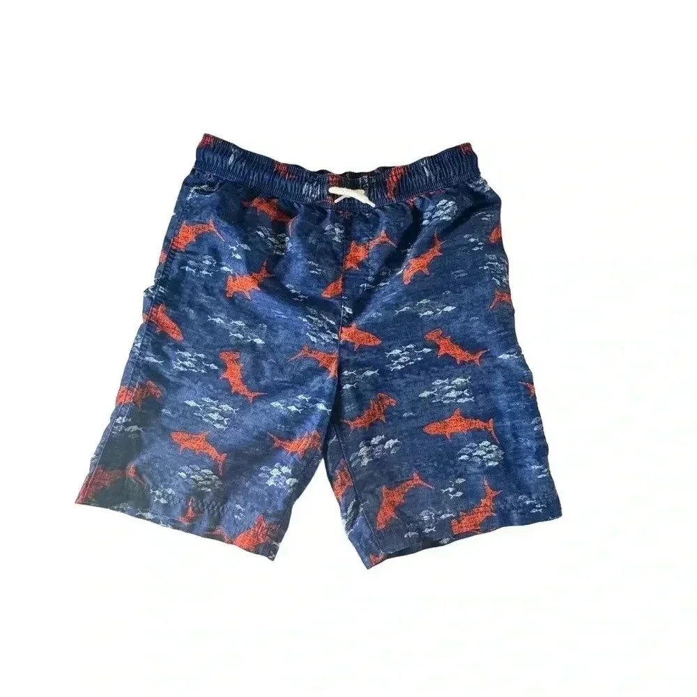 Land's End Boys Size L 14-16 Swimsuits Swim Shorts Trunks Blue Shark Drawstring